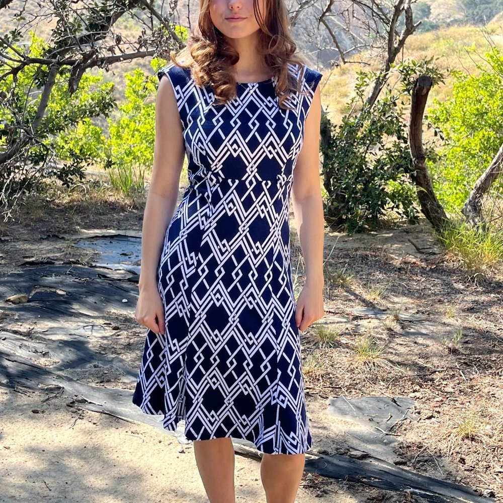 Navy Blue and White Midi Dress. Size 8.